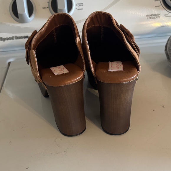 Sugar Tan Suede Mules with Wooden Heel - Picture 2 of 7